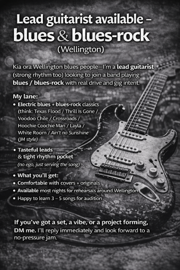 Lead guitarist available blues blues rock Wellington 